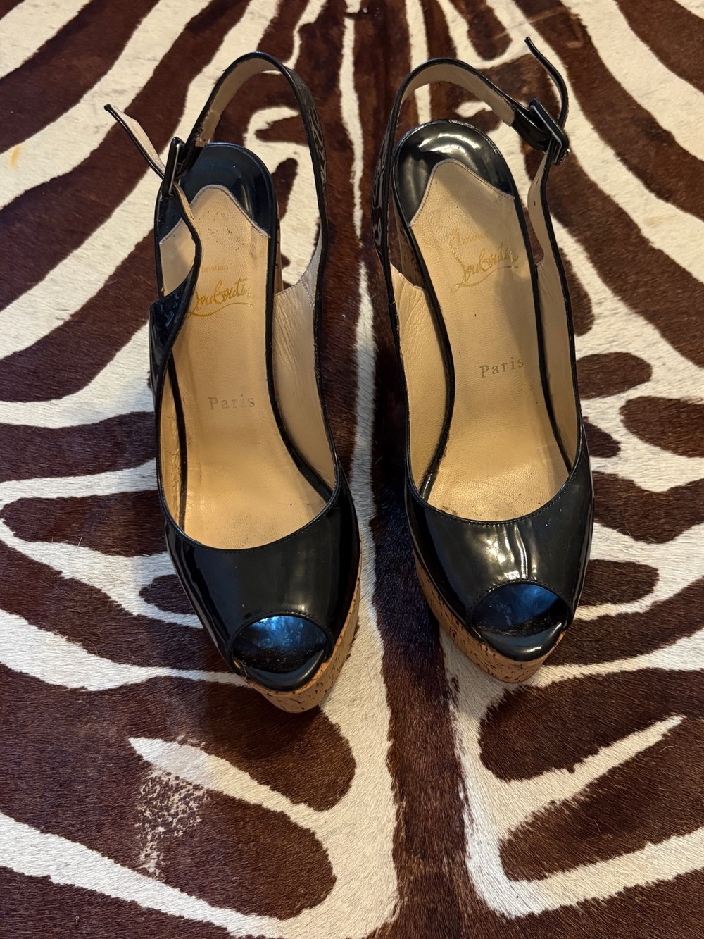 Christian Louboutin Black Patent Cork Platform Peep-Toe Slingbacks